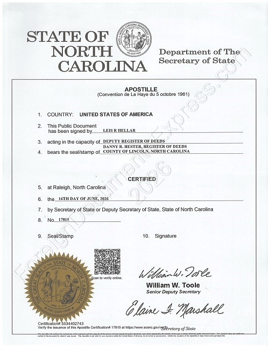 Apostille from North Carolina North Carolina apostille